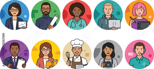 Professional People Avatar Icons Set with Diverse Occupations and Flat Vector Portrait Collection