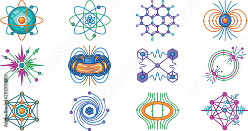 Quantum Physics and Atomic Science Vector Icon Set with Scientific Concept Illustrations