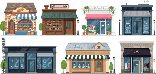 Retail Storefront Building Collection with Shop Facades and Commercial Business Vector Illustration