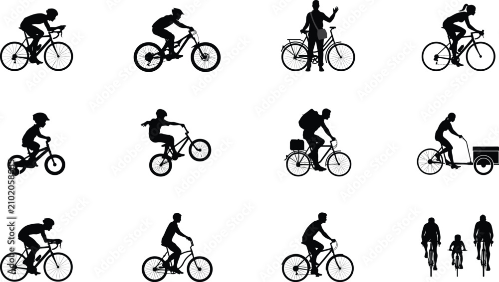Obraz premium Bicycle Rider Silhouette Collection Featuring Road, Mountain, BMX, Commuter, Cargo, Family, Urban Cycling Vector Icon Set