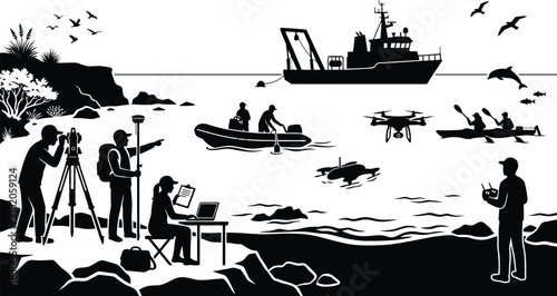 Quadro su tela Scientists conducting coastal research with drones