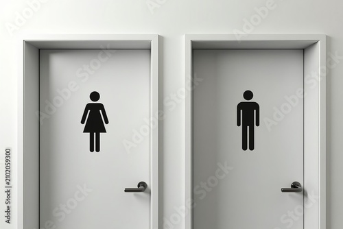 Two restroom doors labeled with gender-specific symbols on a painted white wall.