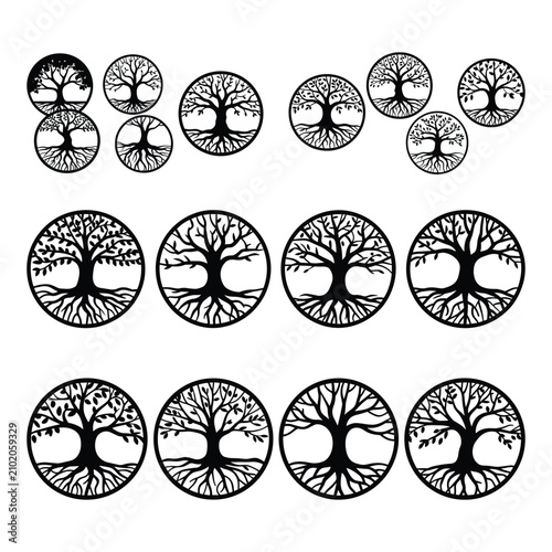 Set of twelve hand drawn tree icons with roots and branches in black isolated on white background, Vector