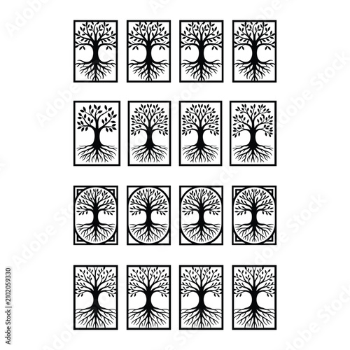 Set of twelve hand drawn trees with roots and branches sketch style isolated on white background, Vector