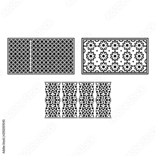 Three seamless geometric patterns with dots and floral designs in black and white isolated on white background, Vector