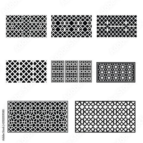 Geometric seamless patterns with black and white shapes in different styles isolated on white background, Vector