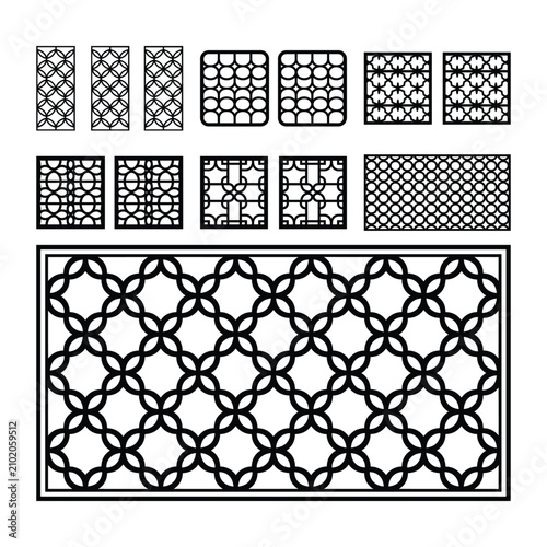 Set of black geometric seamless patterns with floral and lattice designs isolated on white background, Vector
