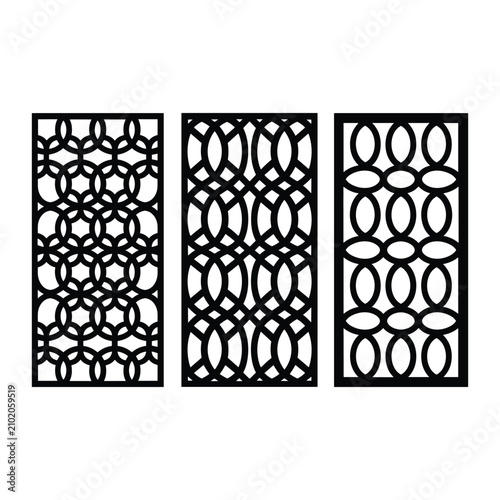 Three black ornamental wrought iron panels with floral and circle patterns isolated on white background, Vector
