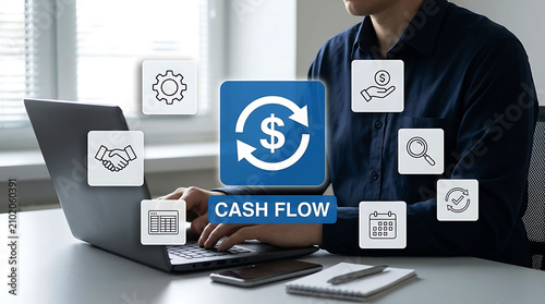 Businessman working on laptop with cash flow management financial icons online