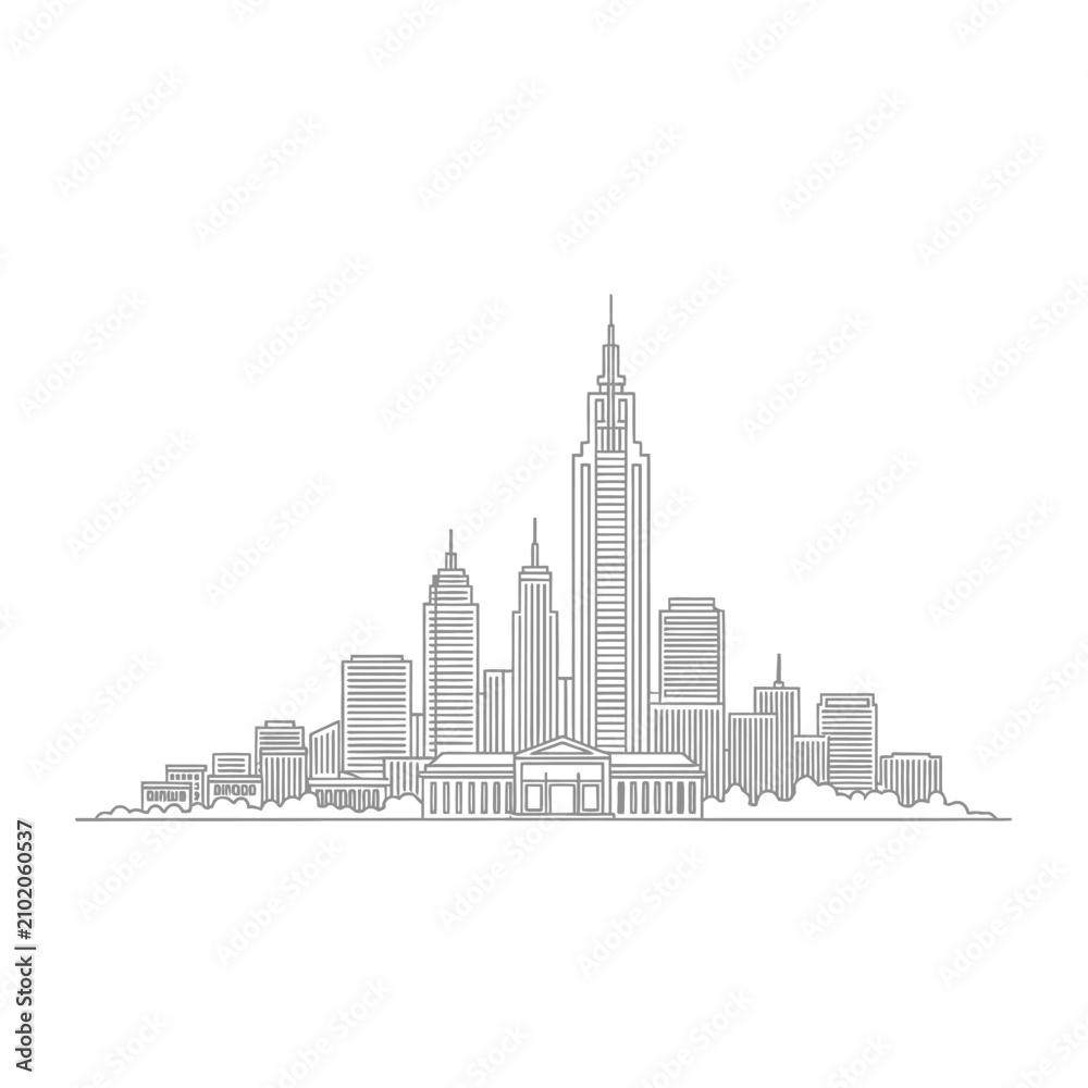 Fototapeta premium Minimalist outline drawing of a metropolitan city skyline.