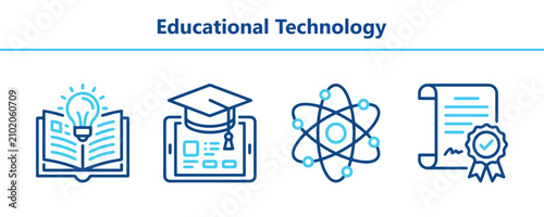 Photos E-learning platforms and virtual schooling linear graphics icons capturing acade
