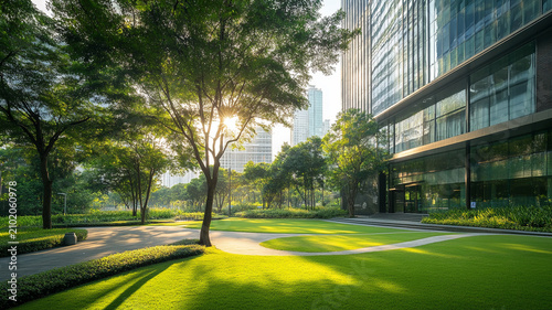 Lush green park in December with sunlight filtering through trees, surrounded by modern office buildings in Bangkok. peaceful morning scene evokes sense of calm and nature beauty