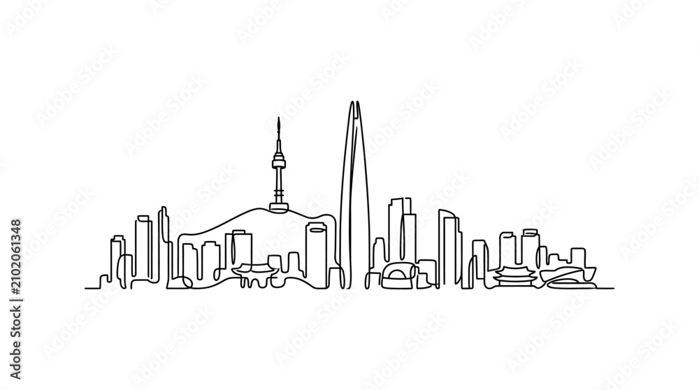 Fototapeta premium Seoul City Skyline One Line Drawing.