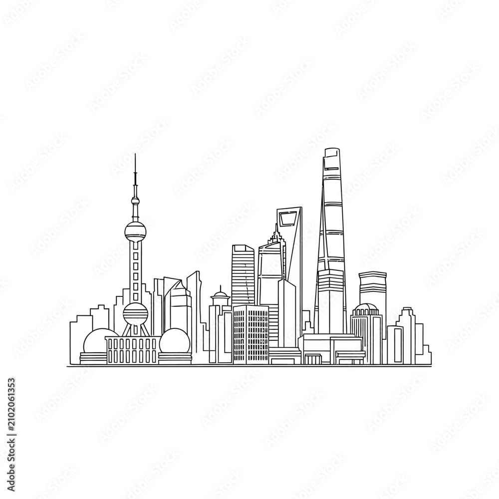 Obraz premium Shanghai skyline line art illustration with famous skyscrapers.
