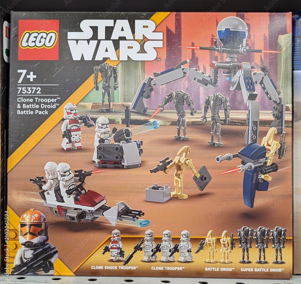 Obraz premium Caja de construcción Lego de Star Wars, Clone Trooper & Battle Droid Battle Pack, en una tienda Carrefour, Madrid, España, 16 de mayo de 2026