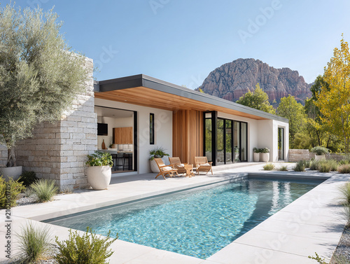 Luxury modern glass Arizona home with stunning views of surrounding mountains, featuring sleek pool and elegant outdoor seating. This design embodies sophistication and comfort