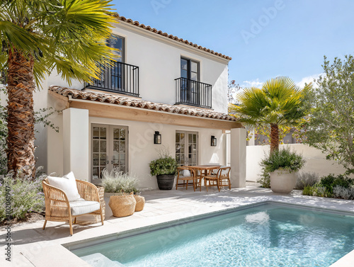 Luxurious San Diego home featuring French farmhouse style, with beautiful pool, palm trees, and outdoor seating area. This setting invites relaxation and enjoyment
