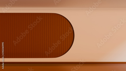 Cuadro en lienzo Minimalist interior background featuring a modern terracotta slatted wood wall panel with a rounded arch design, soft lighting, 3D render