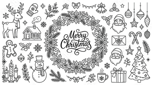 Set of hand drawn christmas doodle design elements collection.