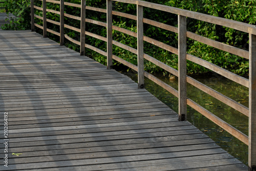 Curved wooden boardwalk winding through a lush tropical mangrove forest, showcasing ecotourism, wetland conservation, and peaceful nature scenery.