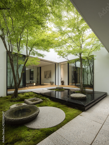 Minimalist Japanese style courtyard features lush green trees, smooth stones, and water feature, creating peaceful retreat for relaxation and contemplation