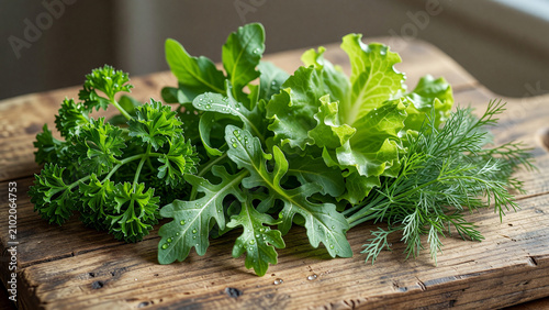 Fresh green herbs including parsley, arugula, and dill on wooden table  