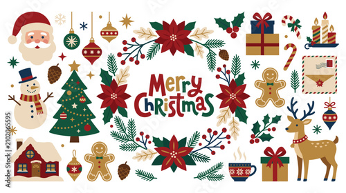 Christmas holiday design elements with santa and snowman.