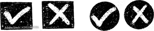 Distressed chalk checkmarks and cross marks in solid square and circle shapes, grunge rubber stamp texture check and wrong symbols, white ink tick and x icon set on transparent background
