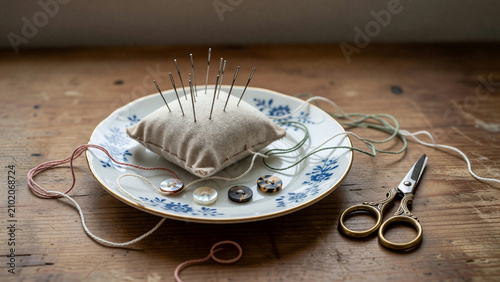 Sewing kit with pins, buttons, and scissors on wooden table  
