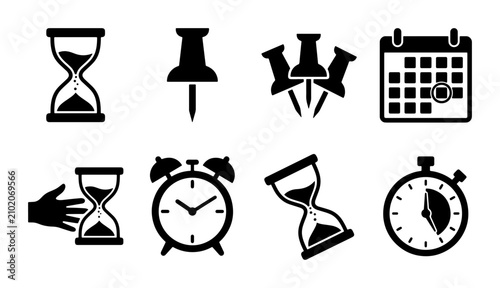Photos Time Management Icons: Hourglass, Alarm Clock, Calendar, Stopwatch, Pushpins for