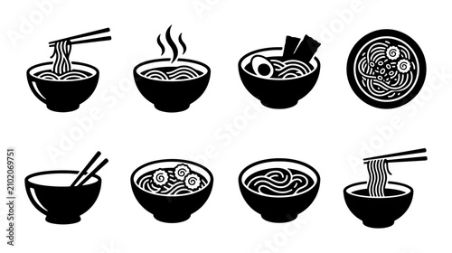 Konstfotografi Ramen Bowl Icons, Japanese Noodle Soup Set, Asian Food Vector Graphics
