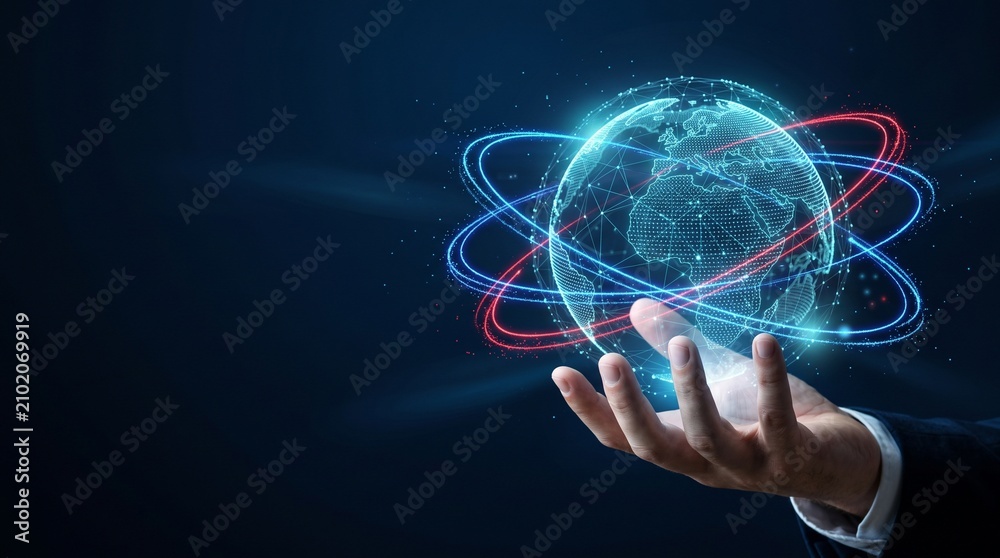 Fototapeta premium Businessman holding a glowing digital globe with interconnected network lines and futuristic technology elements in hand