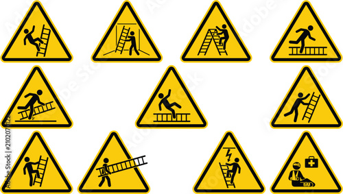 Photos Ladder Safety Warning Signs Collection with Yellow Caution Triangle Icons for In