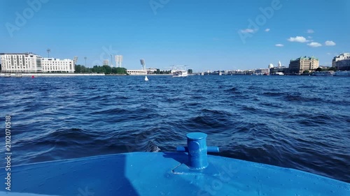 A panorama of the Neva River in St. Petersburg, taken from a boat.