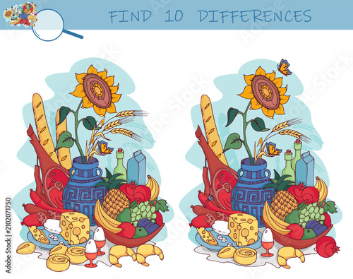Find the differences game. Still life. Sunflower in vase, food, fruits on plate, cheese, meat, egg, bottle. Hidden object puzzle game. Sketch vector illustration.