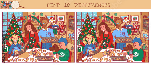 Find the differences game. Christmas time. Happy family cooking in kitchen. Parents and children together bake cookies. Hidden object puzzle game. Sketch vector illustration.