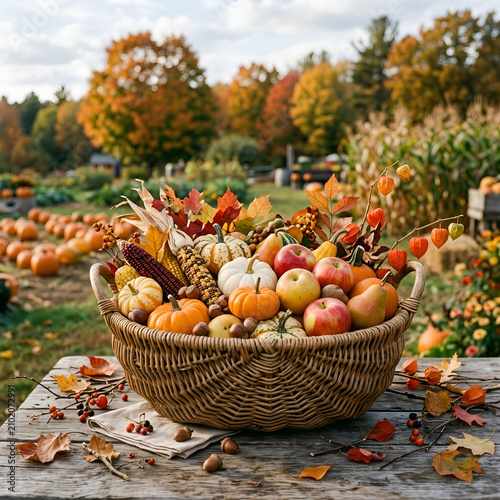 Wicker basket filled with autumn fruits and decorations outdoors  
