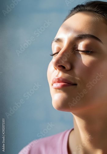 A close-up profile portrait of a calm young woman with closed eyes enjoying the warm sunlight on her face