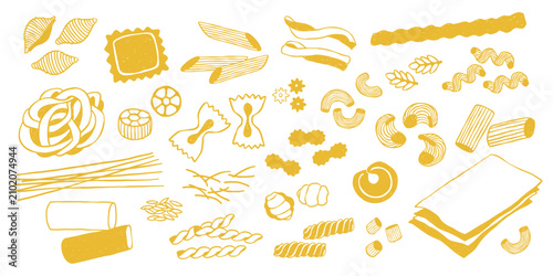 Foto Hand drawn collection of traditional Italian pasta shapes and varieties Fettucci