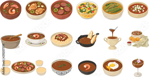 Tableau sur toile Premium flat vector collection of cajun and creole soup dishes featuring gumbo,