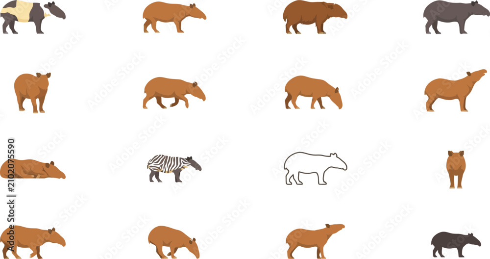 Obraz premium Collection of flat vector icons featuring various tapir species in different poses, styles, and color variations