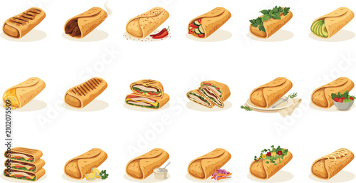Photos Premium flat vector icon set of delicious burritos, wraps, and sandwiches with v