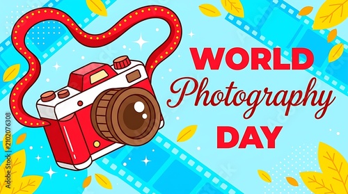 World Photography Day celebration with colorful camera and leaves