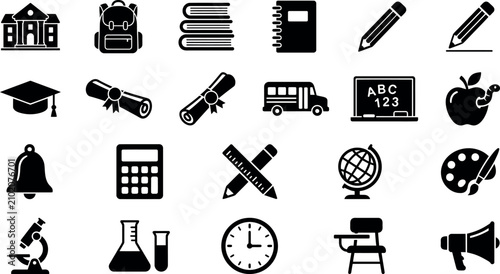 Cuadro en lienzo A comprehensive collection of twenty-four minimalist black vector icons representing various educational tools, school supplies, academic symbols, and classroom objects on a clean white background