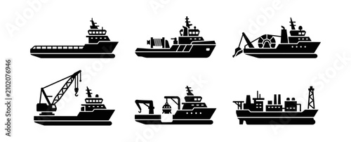 Vector set of various utility ships for maritime operations and offshore industrial activities.