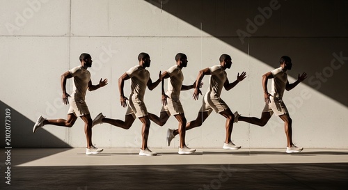A multiple exposure sequence showing a male athlete running across the frame against a minimalist concrete wall with dramatic shadows.