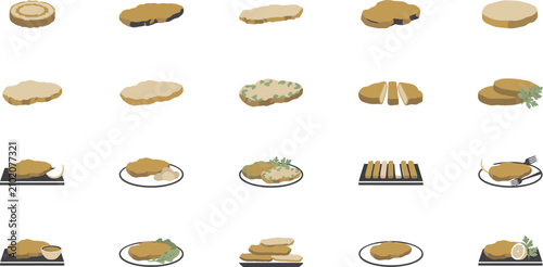 Foto Set of breaded cutlet food icons featuring various schnitzel preparations and se
