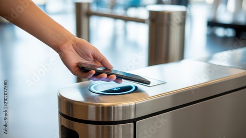 Hand using smartphone for contactless access control at a modern turnstile with glowing blue light