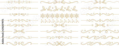 Decorative winter dividers set with gold snowflakes holly berries and celestial ornaments.