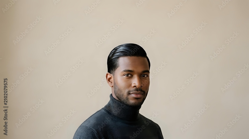 Fototapeta premium African American male professional in dark turtleneck against neutral beige background, suitable for corporate portraits, business profiles, and professional headshots.